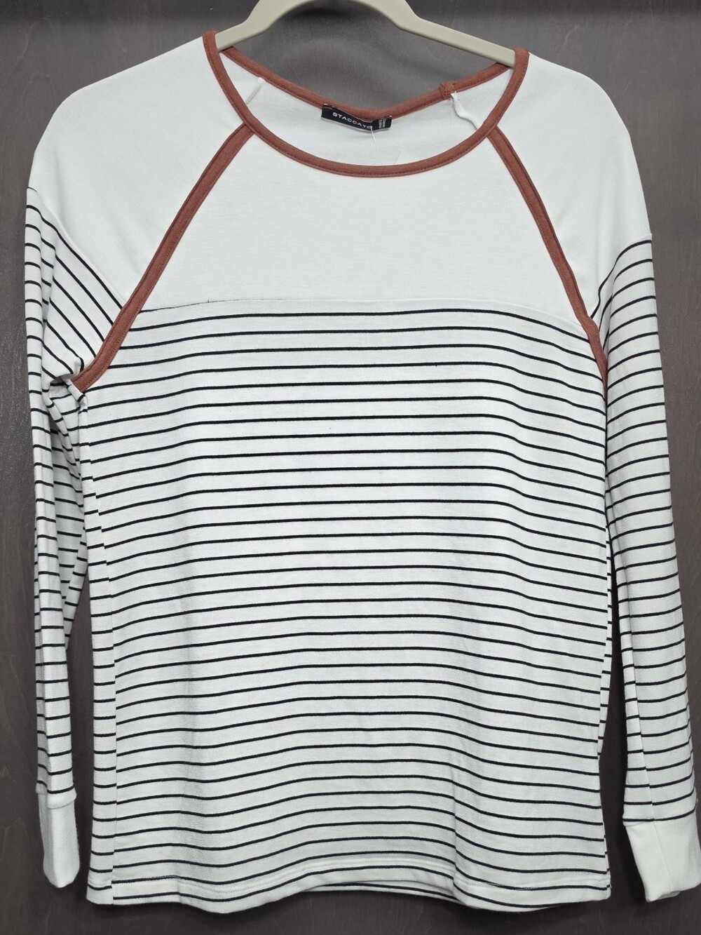 Classic White & Black Striped Long-Sleeve Top with Rust Trim